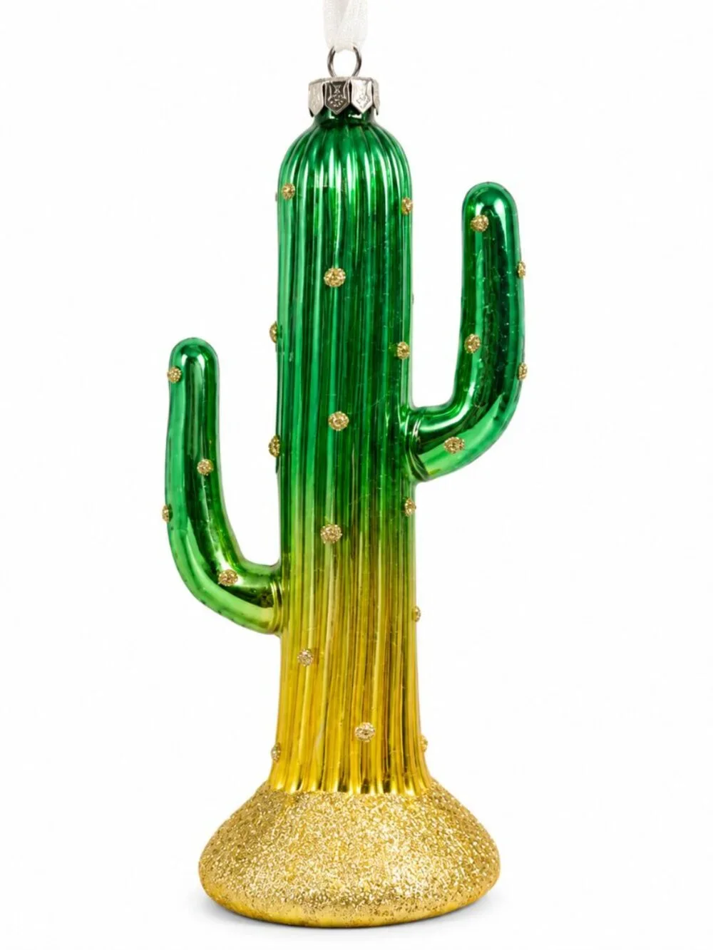 Glass Saguaro Cactus Christmas Ornament Green Gold Glitter Ombre Southwest Decor